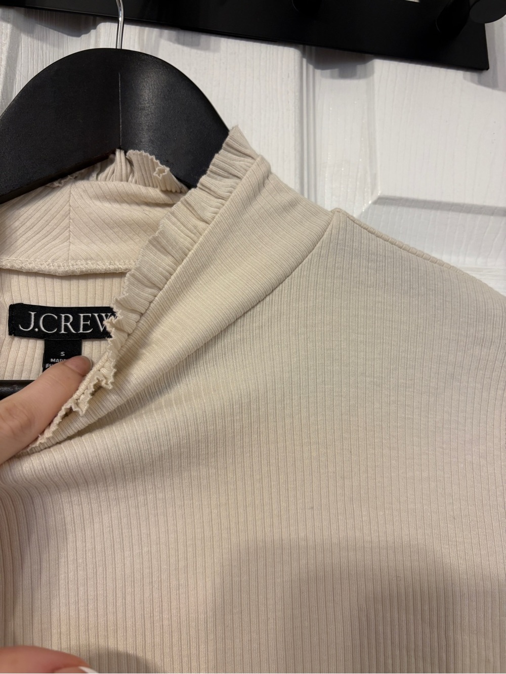 J. Crew Cream Ribbed Lettuce-Edge Mock Neck Top